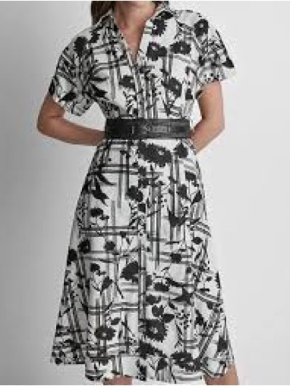 DKNY Black and White Floral Midi Shirt Dress